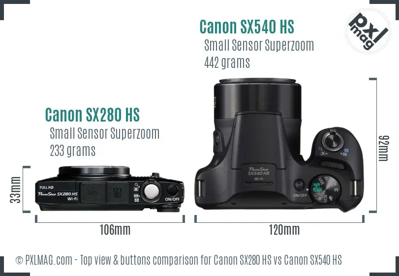 Canon SX280 HS vs Canon SX540 HS top view buttons comparison