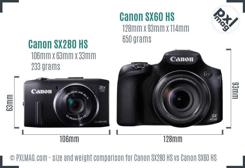 Canon SX280 HS vs Canon SX60 HS size comparison