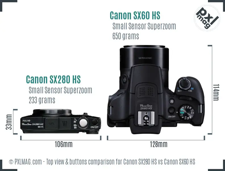 Canon SX280 HS vs Canon SX60 HS top view buttons comparison