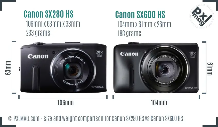 Canon SX280 HS vs Canon SX600 HS size comparison