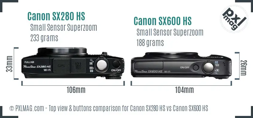 Canon SX280 HS vs Canon SX600 HS top view buttons comparison