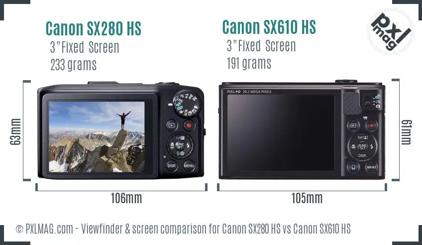 Canon SX280 HS vs Canon SX610 HS Screen and Viewfinder comparison