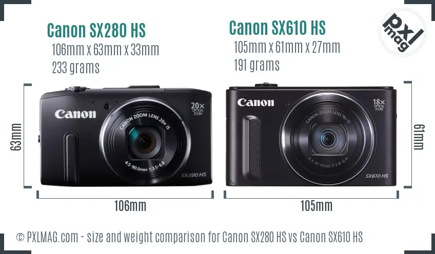 Canon SX280 HS vs Canon SX610 HS size comparison