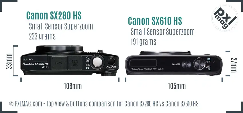 Canon SX280 HS vs Canon SX610 HS top view buttons comparison