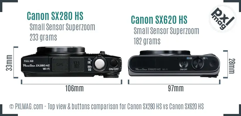 Canon SX280 HS vs Canon SX620 HS top view buttons comparison