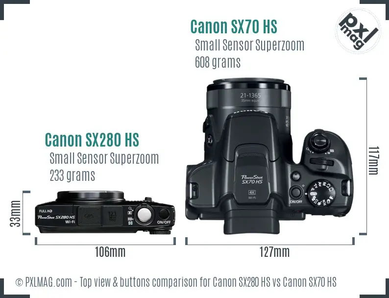 Canon SX280 HS vs Canon SX70 HS top view buttons comparison