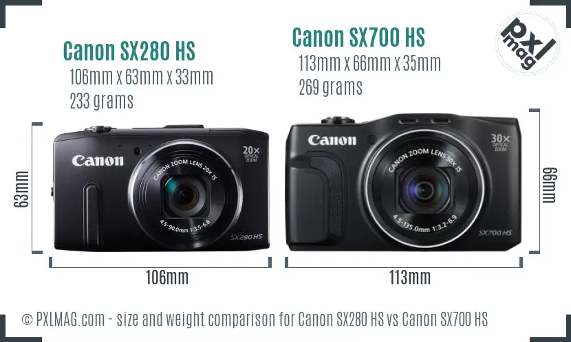 Canon SX280 HS vs Canon SX700 HS size comparison
