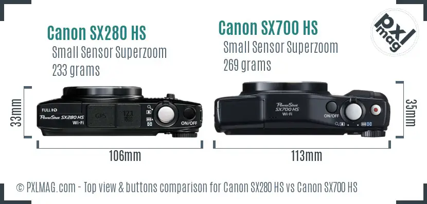 Canon SX280 HS vs Canon SX700 HS top view buttons comparison