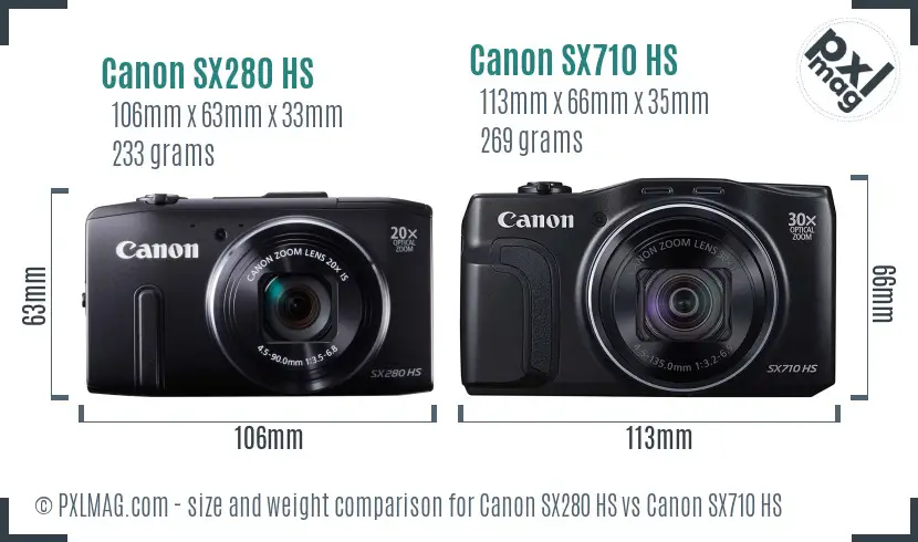 Canon SX280 HS vs Canon SX710 HS size comparison