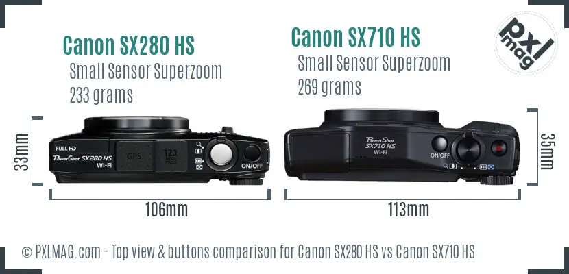 Canon SX280 HS vs Canon SX710 HS top view buttons comparison