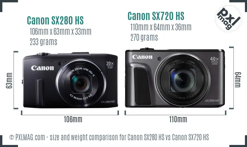 Canon SX280 HS vs Canon SX720 HS size comparison