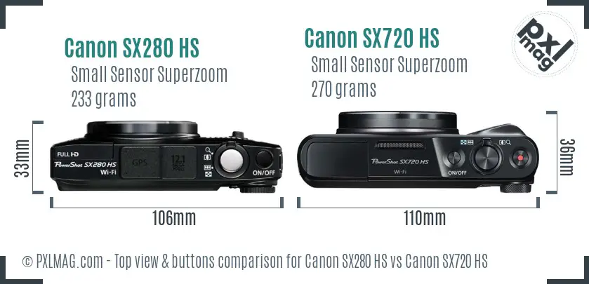 Canon SX280 HS vs Canon SX720 HS top view buttons comparison