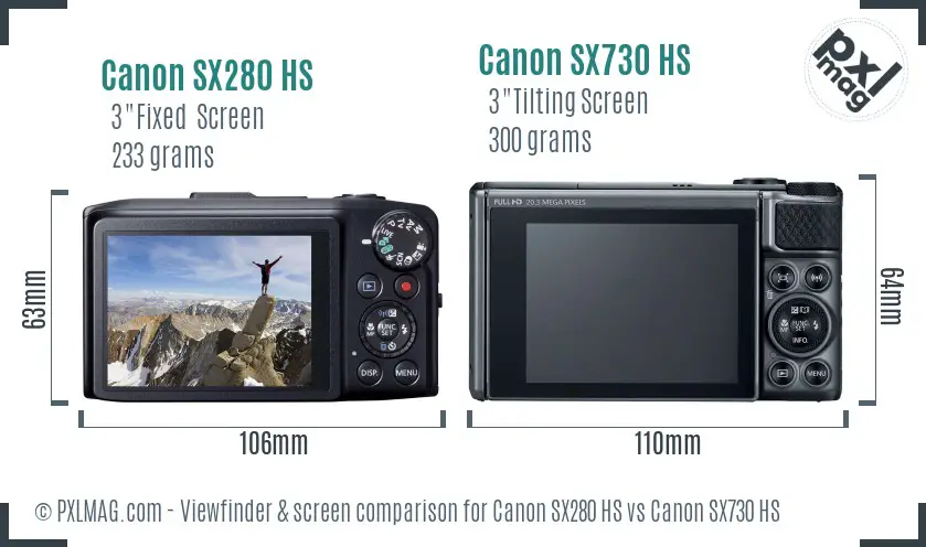 Canon SX280 HS vs Canon SX730 HS Screen and Viewfinder comparison