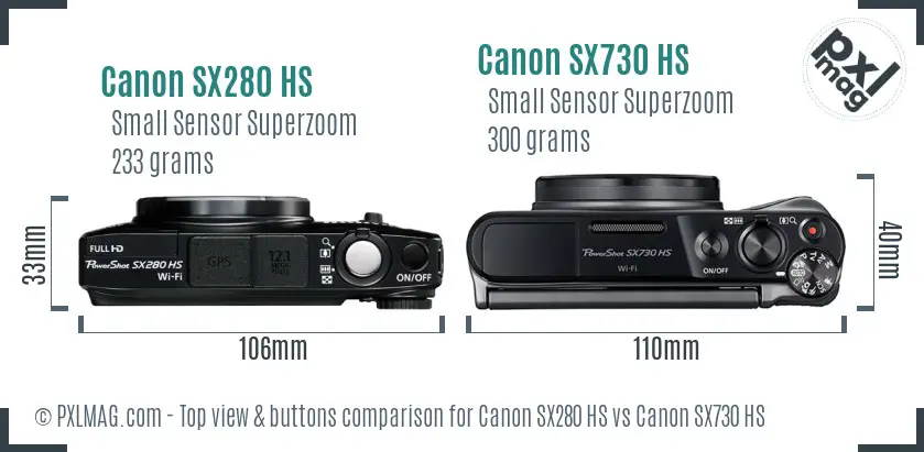 Canon SX280 HS vs Canon SX730 HS top view buttons comparison