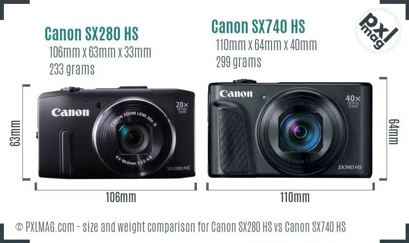 Canon SX280 HS vs Canon SX740 HS size comparison