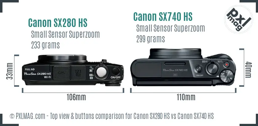Canon SX280 HS vs Canon SX740 HS top view buttons comparison