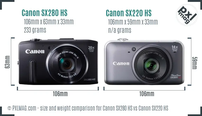 Canon SX280 HS vs Canon SX220 HS size comparison
