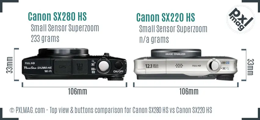 Canon SX280 HS vs Canon SX220 HS top view buttons comparison