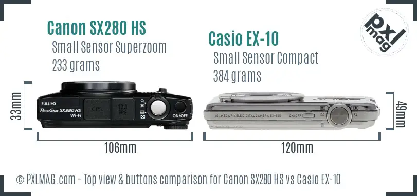 Canon SX280 HS vs Casio EX-10 top view buttons comparison