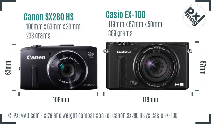 Canon SX280 HS vs Casio EX-100 size comparison