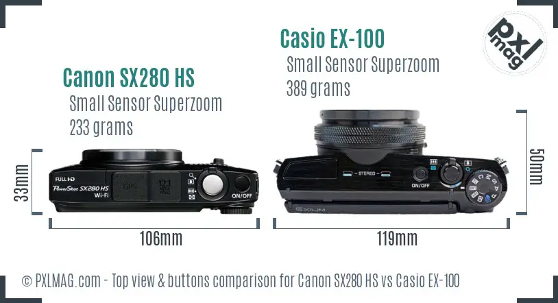 Canon SX280 HS vs Casio EX-100 top view buttons comparison