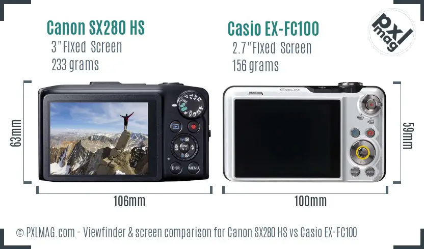 Canon SX280 HS vs Casio EX-FC100 Screen and Viewfinder comparison
