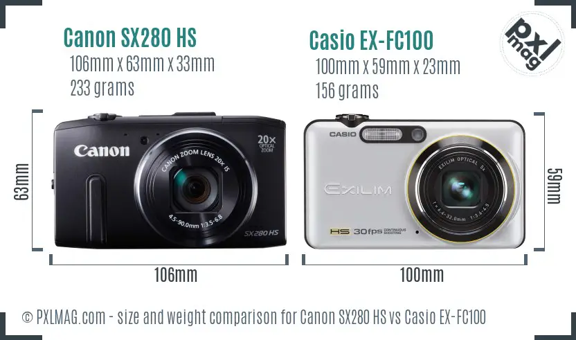 Canon SX280 HS vs Casio EX-FC100 size comparison
