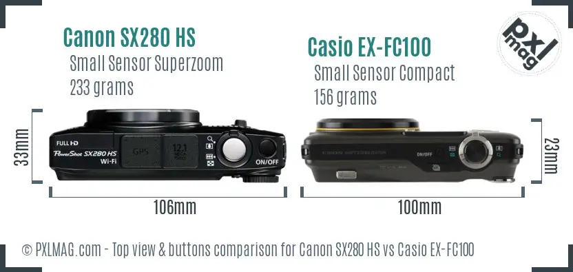 Canon SX280 HS vs Casio EX-FC100 top view buttons comparison