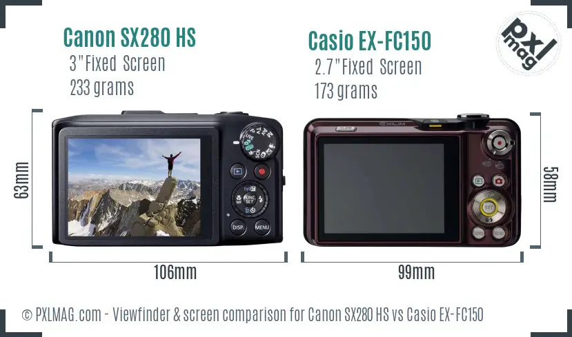 Canon SX280 HS vs Casio EX-FC150 Screen and Viewfinder comparison