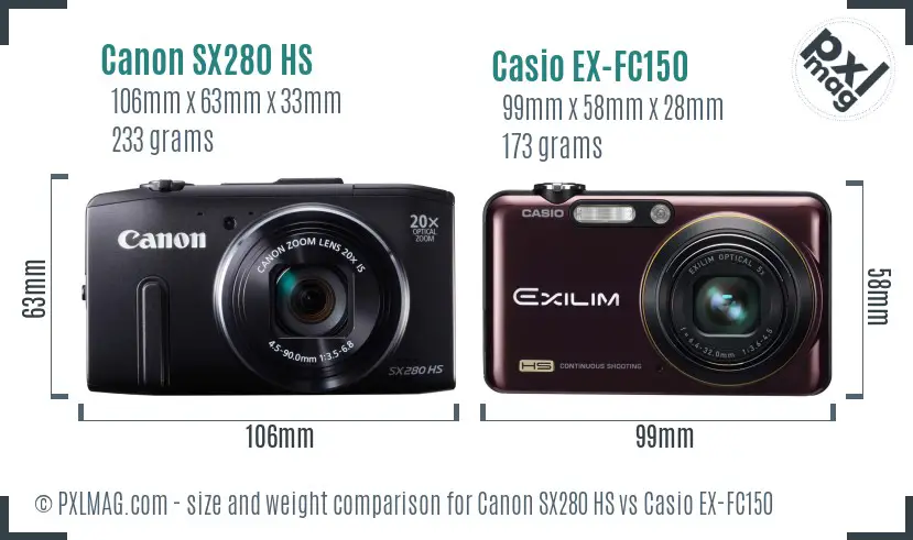 Canon SX280 HS vs Casio EX-FC150 size comparison