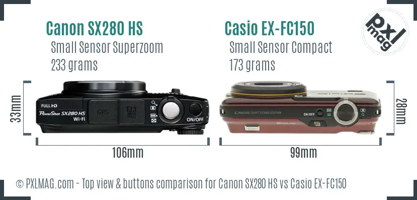 Canon SX280 HS vs Casio EX-FC150 top view buttons comparison