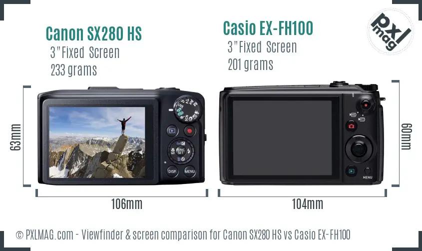 Canon SX280 HS vs Casio EX-FH100 Screen and Viewfinder comparison
