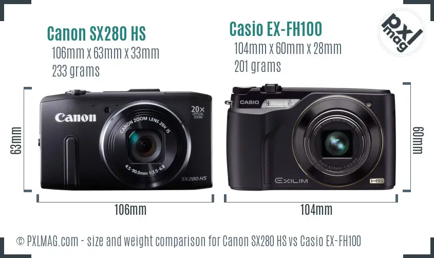 Canon SX280 HS vs Casio EX-FH100 size comparison