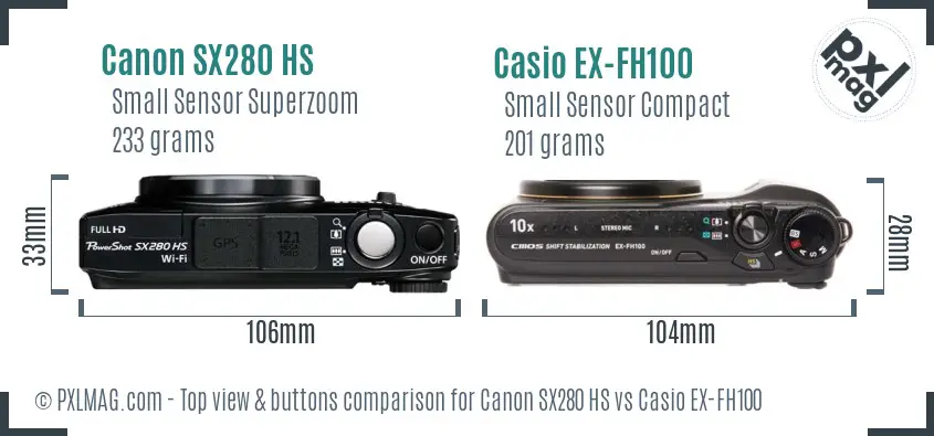 Canon SX280 HS vs Casio EX-FH100 top view buttons comparison