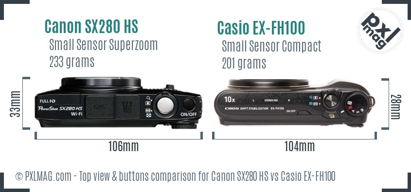 Canon SX280 HS vs Casio EX-FH100 top view buttons comparison