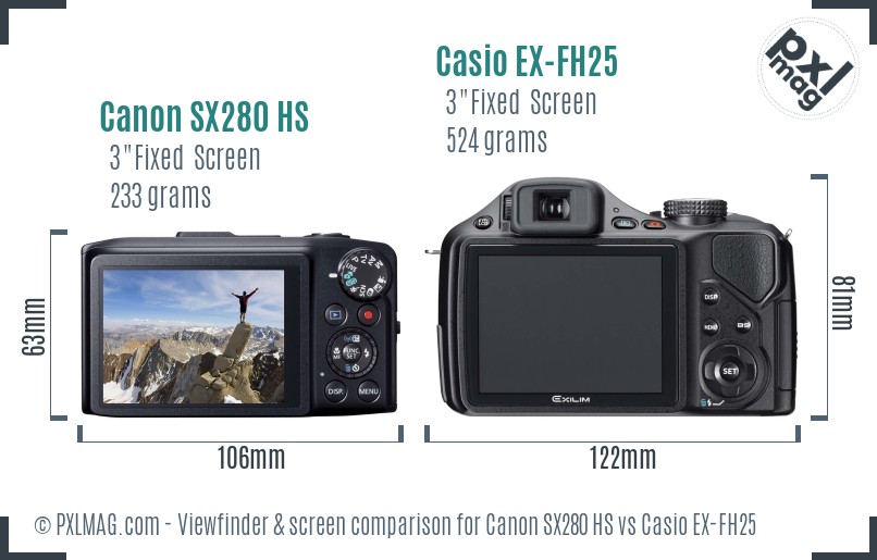 Canon SX280 HS vs Casio EX-FH25 Screen and Viewfinder comparison