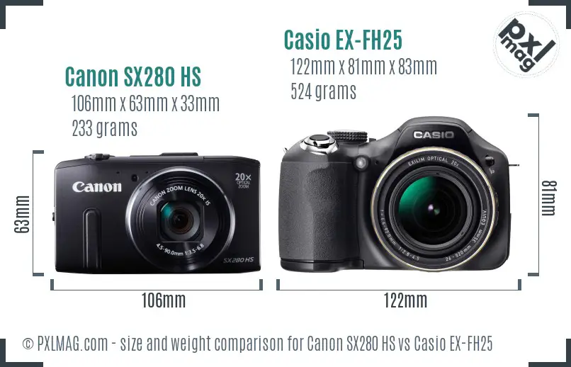 Canon SX280 HS vs Casio EX-FH25 size comparison