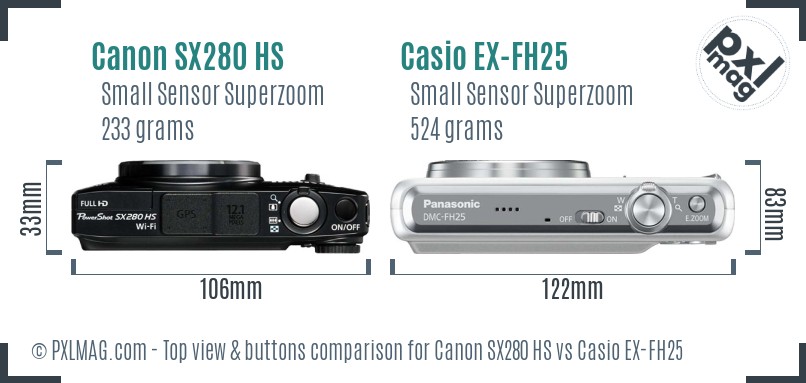 Canon SX280 HS vs Casio EX-FH25 top view buttons comparison