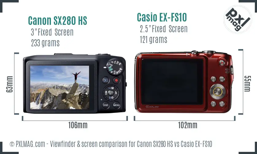 Canon SX280 HS vs Casio EX-FS10 Screen and Viewfinder comparison