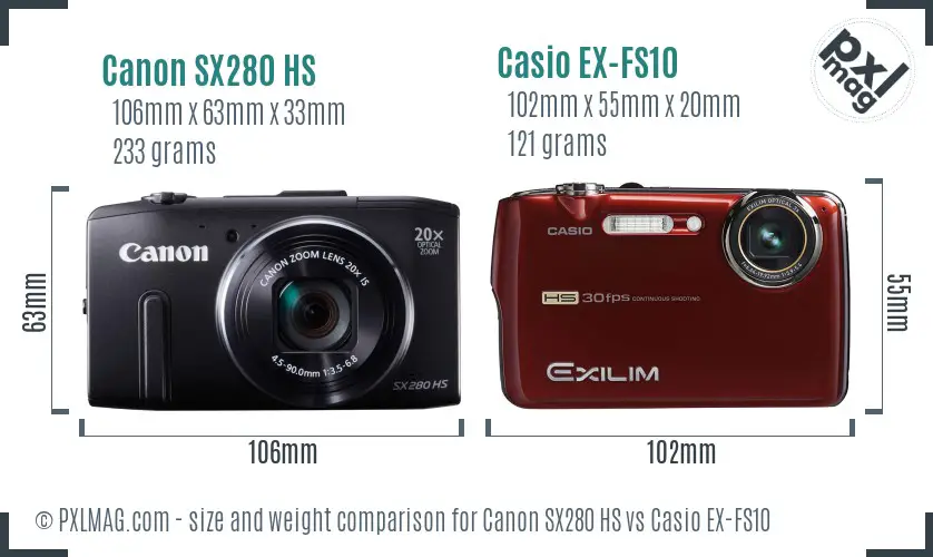 Canon SX280 HS vs Casio EX-FS10 size comparison