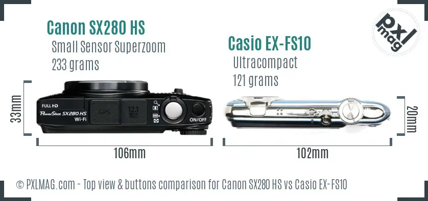 Canon SX280 HS vs Casio EX-FS10 top view buttons comparison