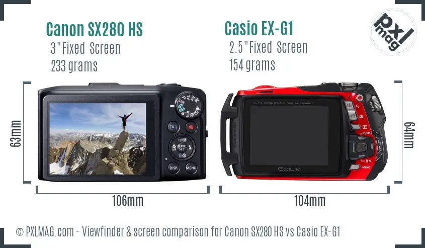 Canon SX280 HS vs Casio EX-G1 Screen and Viewfinder comparison