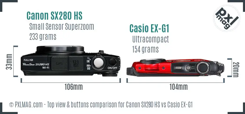 Canon SX280 HS vs Casio EX-G1 top view buttons comparison