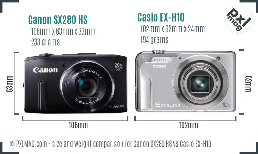 Canon SX280 HS vs Casio EX-H10 size comparison