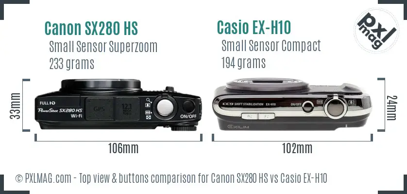 Canon SX280 HS vs Casio EX-H10 top view buttons comparison