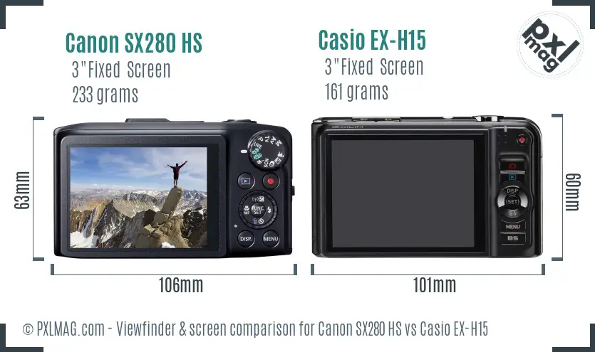 Canon SX280 HS vs Casio EX-H15 Screen and Viewfinder comparison