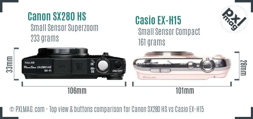 Canon SX280 HS vs Casio EX-H15 top view buttons comparison