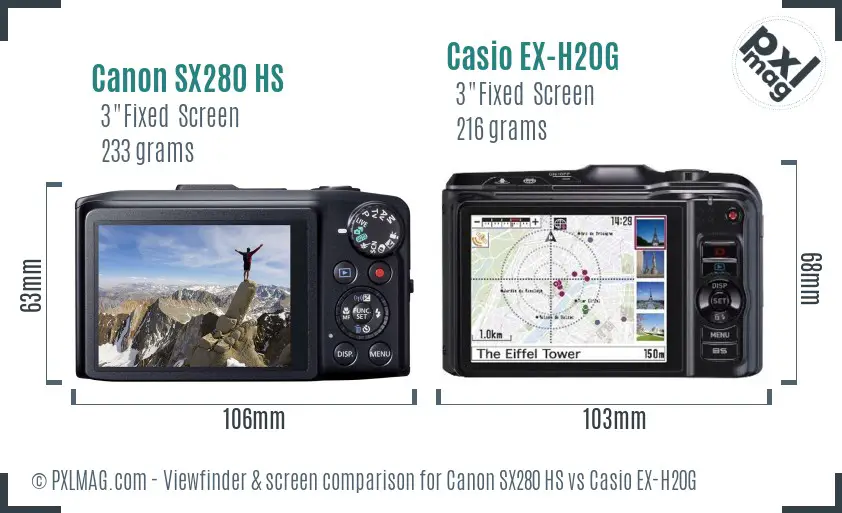 Canon SX280 HS vs Casio EX-H20G Screen and Viewfinder comparison