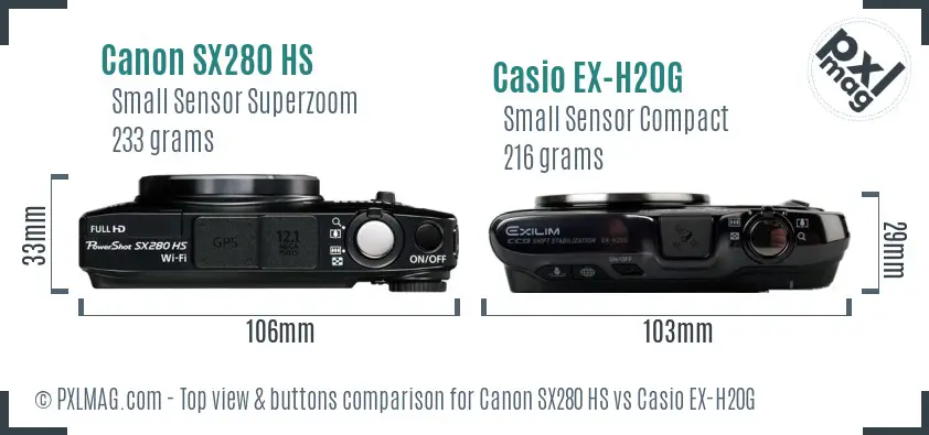 Canon SX280 HS vs Casio EX-H20G top view buttons comparison