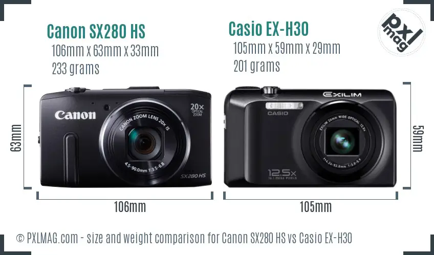 Canon SX280 HS vs Casio EX-H30 size comparison Canon SX280 HS vs Casio EX-H30 size comparison